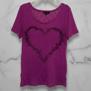 NOLLIE Short Sleeve Tee Fuchsia Purple Leopard Pattern Rose Vine Heart Womens XL